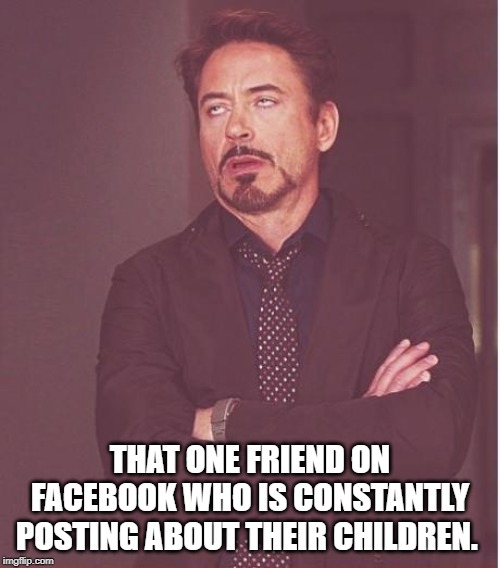 No one cares about your kids except you and your family. P.S. absolutely I hate children | THAT ONE FRIEND ON FACEBOOK WHO IS CONSTANTLY POSTING ABOUT THEIR CHILDREN. | image tagged in face you make robert downey jr,facebook,children,no one cares | made w/ Imgflip meme maker