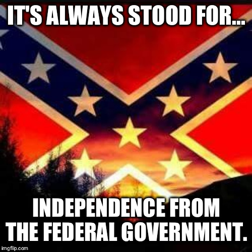 rebel flag | IT'S ALWAYS STOOD FOR... INDEPENDENCE FROM THE FEDERAL GOVERNMENT. | image tagged in rebel flag | made w/ Imgflip meme maker