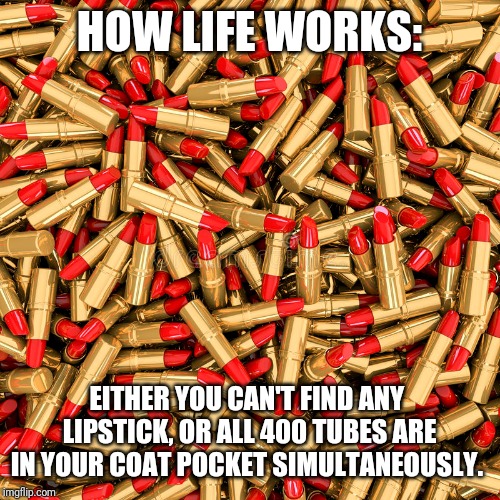 HOW LIFE WORKS:; EITHER YOU CAN'T FIND ANY  LIPSTICK, OR ALL 400 TUBES ARE IN YOUR COAT POCKET SIMULTANEOUSLY. | image tagged in real life | made w/ Imgflip meme maker