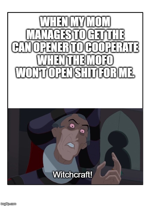 Blank Template | WHEN MY MOM MANAGES TO GET THE CAN OPENER TO COOPERATE WHEN THE MOFO WON'T OPEN SHIT FOR ME. Witchcraft! | image tagged in frollo,witchcraft | made w/ Imgflip meme maker