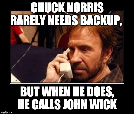 Chuck Norris Telemarketing | CHUCK NORRIS RARELY NEEDS BACKUP, BUT WHEN HE DOES, HE CALLS JOHN WICK | image tagged in chuck norris telemarketing | made w/ Imgflip meme maker