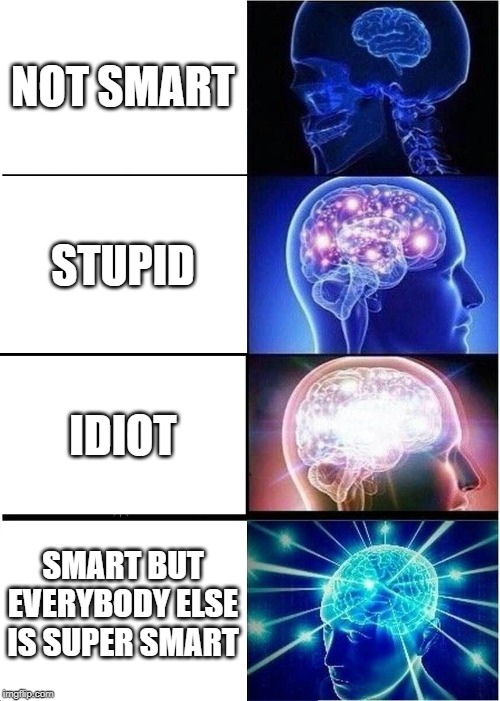 Expanding Brain | NOT SMART; STUPID; IDIOT; SMART BUT EVERYBODY ELSE IS SUPER SMART | image tagged in memes,expanding brain | made w/ Imgflip meme maker