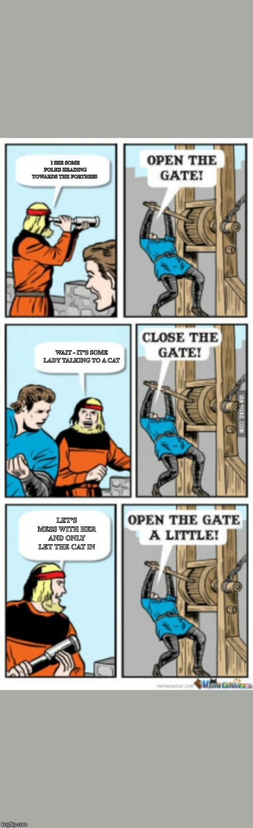 Open the gate a little | I SEE SOME FOLKS HEADING TOWARDS THE FORTRESS; WAIT - IT’S SOME LADY TALKING TO A CAT; LET’S MESS WITH HER AND ONLY LET THE CAT IN | image tagged in open the gate a little | made w/ Imgflip meme maker