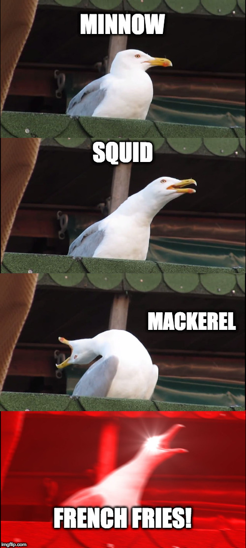 Inhaling Seagull | MINNOW; SQUID; MACKEREL; FRENCH FRIES! | image tagged in memes,inhaling seagull | made w/ Imgflip meme maker