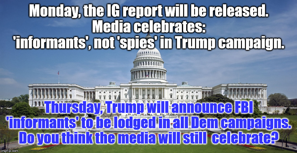 Going Out on a Limb Here | Monday, the IG report will be released.
Media celebrates: 'informants', not 'spies' in Trump campaign. Thursday, Trump will announce FBI 'informants' to be lodged in all Dem campaigns. Do you think the media will still  celebrate? | image tagged in us capitol,trump 2016 | made w/ Imgflip meme maker