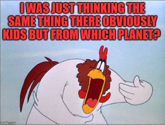 foghorn | I WAS JUST THINKING THE SAME THING THERE OBVIOUSLY KIDS BUT FROM WHICH PLANET? | image tagged in foghorn | made w/ Imgflip meme maker