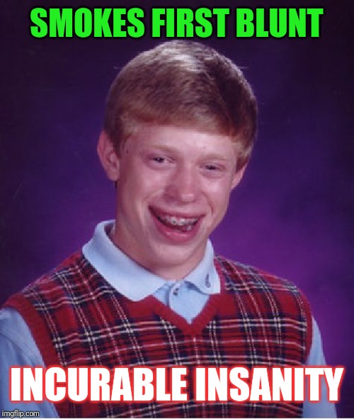 Bad Luck Brian Meme | SMOKES FIRST BLUNT; INCURABLE INSANITY | image tagged in memes,bad luck brian | made w/ Imgflip meme maker
