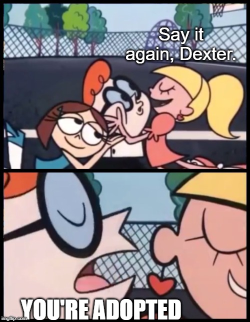Say it Again, Dexter | Say it again, Dexter. YOU'RE ADOPTED | image tagged in memes,say it again dexter | made w/ Imgflip meme maker
