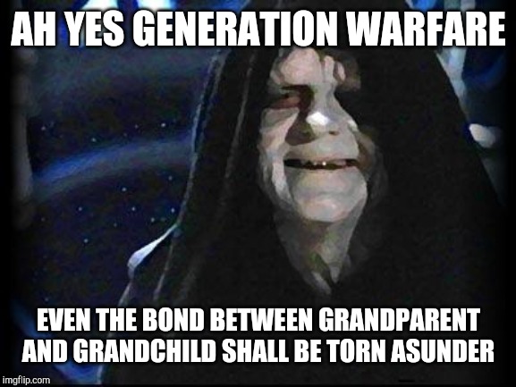Emperor Palpatine | AH YES GENERATION WARFARE EVEN THE BOND BETWEEN GRANDPARENT AND GRANDCHILD SHALL BE TORN ASUNDER | image tagged in emperor palpatine | made w/ Imgflip meme maker
