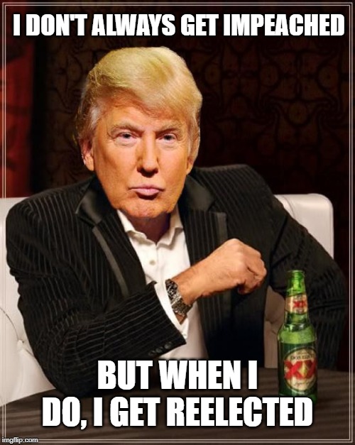 Trump Most Interesting Man In The World | I DON'T ALWAYS GET IMPEACHED; BUT WHEN I DO, I GET REELECTED | image tagged in trump most interesting man in the world | made w/ Imgflip meme maker