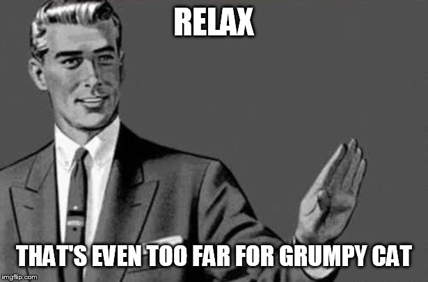 Relax bitch | RELAX THAT'S EVEN TOO FAR FOR GRUMPY CAT | image tagged in relax bitch | made w/ Imgflip meme maker