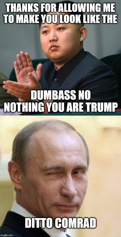 THANKS FOR ALLOWING ME TO MAKE YOU LOOK LIKE THE; DUMBASS NO NOTHING YOU ARE TRUMP; DITTO COMRAD | image tagged in putin winking,north korea clapping | made w/ Imgflip meme maker