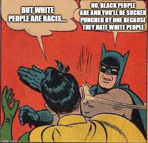 Batman Slapping Robin Meme | BUT WHITE PEOPLE ARE RACIS.... NO, BLACK PEOPLE ARE AND YOU'LL BE SUCKER PUNCHED BY ONE BECAUSE THEY HATE WHITE PEOPLE | image tagged in memes,batman slapping robin | made w/ Imgflip meme maker