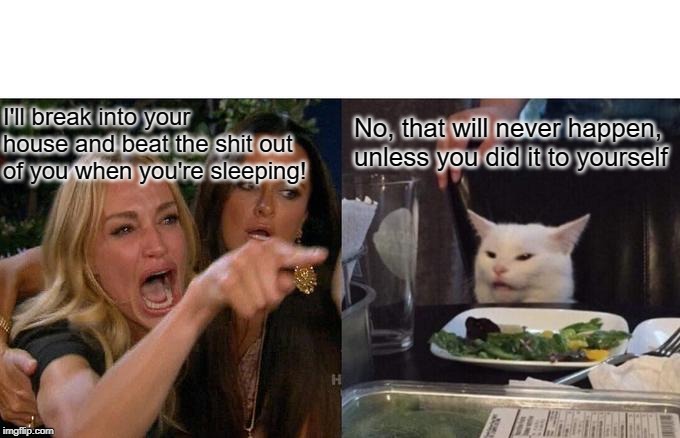 Woman Yelling At Cat | No, that will never happen, unless you did it to yourself; I'll break into your house and beat the shit out of you when you're sleeping! | image tagged in memes,woman yelling at cat | made w/ Imgflip meme maker