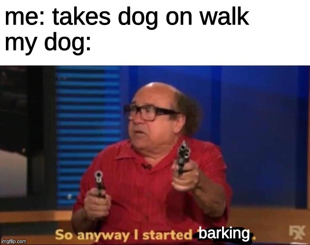 So anyway I started blasting | me: takes dog on walk
my dog:; barking | image tagged in so anyway i started blasting,memes,danny devito,dog,bad pun dog | made w/ Imgflip meme maker
