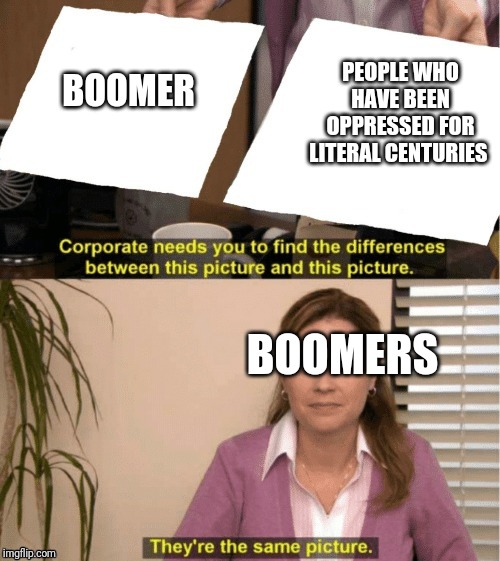 They're The Same Picture Meme | PEOPLE WHO HAVE BEEN OPPRESSED FOR LITERAL CENTURIES; BOOMER; BOOMERS | image tagged in office same picture | made w/ Imgflip meme maker