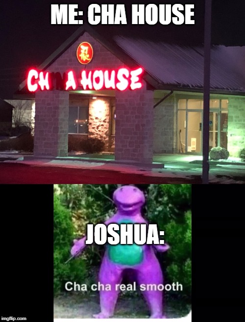 cha in china | ME: CHA HOUSE; JOSHUA: | image tagged in barney the dinosaur | made w/ Imgflip meme maker