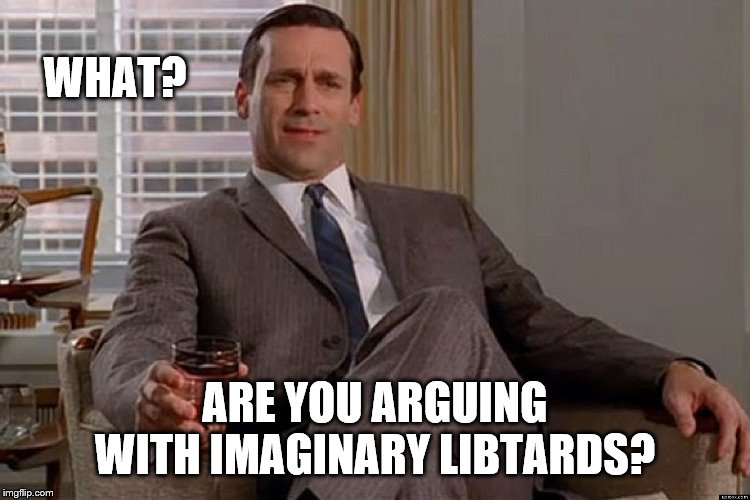 madmen | WHAT? ARE YOU ARGUING WITH IMAGINARY LIBTARDS? | image tagged in madmen | made w/ Imgflip meme maker