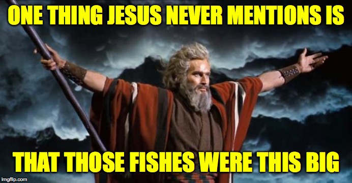 Moses explains the miracle of the loaves and fishes. | ONE THING JESUS NEVER MENTIONS IS; THAT THOSE FISHES WERE THIS BIG | image tagged in moses,memes,jesus,miracles | made w/ Imgflip meme maker