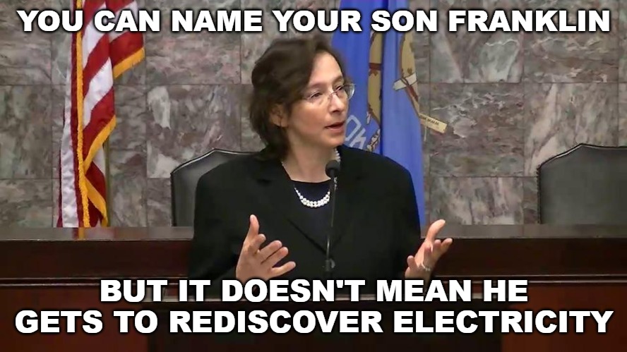 The level of pettiness and pure hatred for someone astounds me. | YOU CAN NAME YOUR SON FRANKLIN; BUT IT DOESN'T MEAN HE GETS TO REDISCOVER ELECTRICITY | image tagged in memes,pamela karlan,benjamin franklin,witch,evil | made w/ Imgflip meme maker