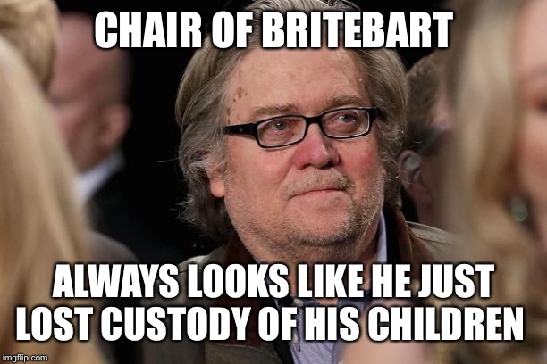 Steve bannon | CHAIR OF BRITEBART; ALWAYS LOOKS LIKE HE JUST LOST CUSTODY OF HIS CHILDREN | image tagged in steve bannon | made w/ Imgflip meme maker