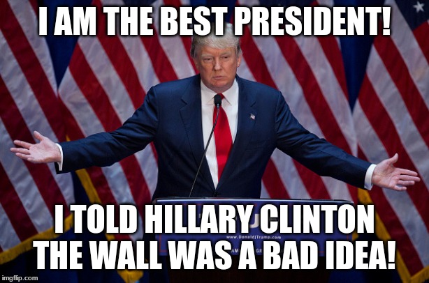 Donald Trump | I AM THE BEST PRESIDENT! I TOLD HILLARY CLINTON THE WALL WAS A BAD IDEA! | image tagged in donald trump | made w/ Imgflip meme maker
