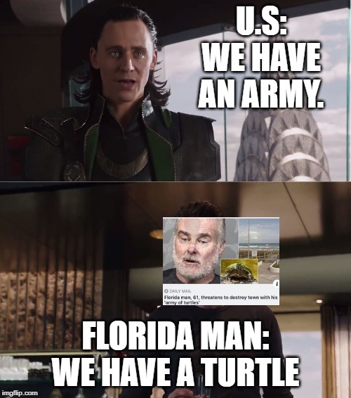 We have an army. We have a Hulk | U.S: WE HAVE AN ARMY. FLORIDA MAN: WE HAVE A TURTLE | image tagged in we have an army we have a hulk | made w/ Imgflip meme maker