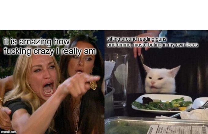 Woman Yelling At Cat Meme | it is amazing how f**king crazy I really am sitting around reading guns and ammo, masturbating in my own feces | image tagged in memes,woman yelling at cat | made w/ Imgflip meme maker