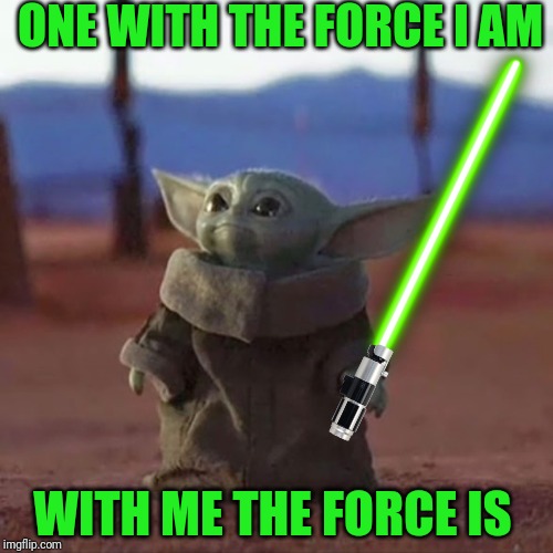 Baby Yoda | ONE WITH THE FORCE I AM; WITH ME THE FORCE IS | image tagged in baby yoda,memes,funny,star wars,the mandalorian,disney plus | made w/ Imgflip meme maker