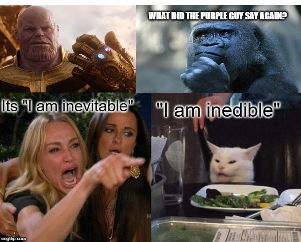 Woman Yelling At Cat | WHAT DID THE PURPLE GUY SAY AGAIN? Its "I am inevitable"; "I am inedible" | image tagged in memes,woman yelling at cat | made w/ Imgflip meme maker