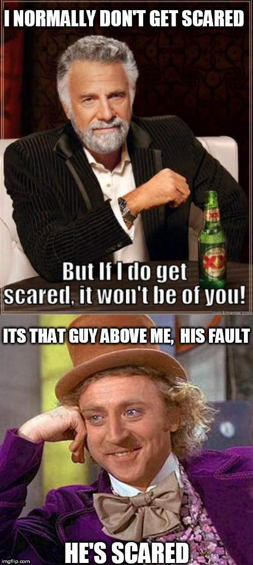 ITS THAT GUY ABOVE ME,  HIS FAULT HE'S SCARED I NORMALLY DON'T GET SCARED | image tagged in memes,creepy condescending wonka | made w/ Imgflip meme maker