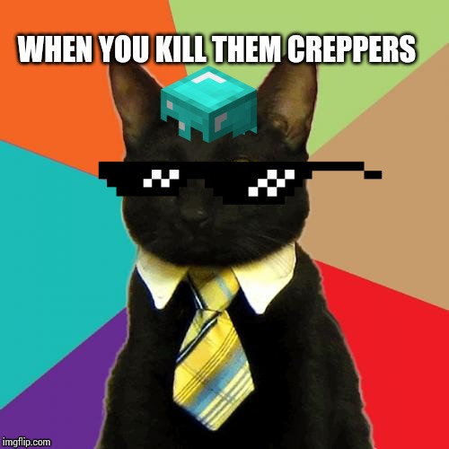 Business Cat | WHEN YOU KILL THEM CREPPERS | image tagged in memes,business cat | made w/ Imgflip meme maker