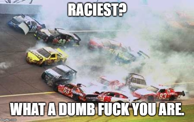 Because Race Car Meme | RACIEST? WHAT A DUMB F**K YOU ARE. | image tagged in memes,because race car | made w/ Imgflip meme maker