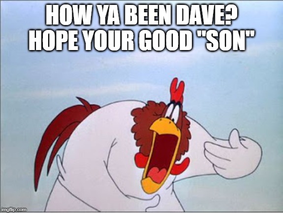 foghorn | HOW YA BEEN DAVE?
HOPE YOUR GOOD "SON" | image tagged in foghorn | made w/ Imgflip meme maker