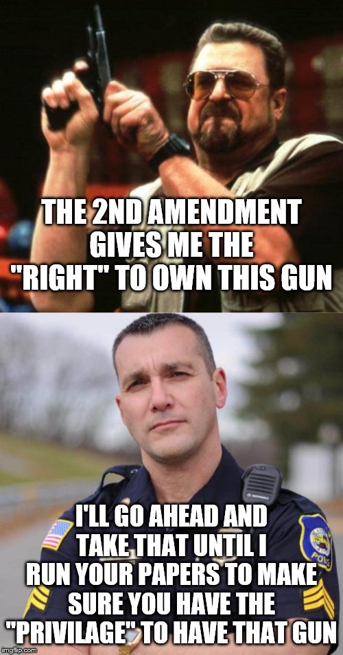 THE 2ND AMENDMENT GIVES ME THE "RIGHT" TO OWN THIS GUN; I'LL GO AHEAD AND TAKE THAT UNTIL I RUN YOUR PAPERS TO MAKE SURE YOU HAVE THE "PRIVILAGE" TO HAVE THAT GUN | image tagged in gun,cop | made w/ Imgflip meme maker