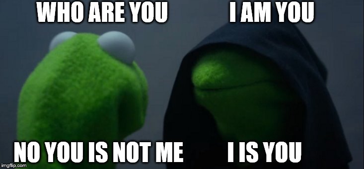 Evil Kermit | WHO ARE YOU              I AM YOU; NO YOU IS NOT ME          I IS YOU | image tagged in memes,evil kermit | made w/ Imgflip meme maker