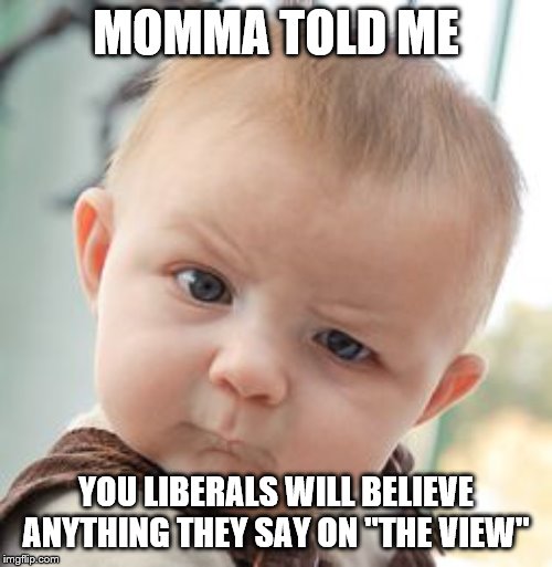 Skeptical Baby Meme | MOMMA TOLD ME; YOU LIBERALS WILL BELIEVE ANYTHING THEY SAY ON "THE VIEW" | image tagged in memes,skeptical baby | made w/ Imgflip meme maker