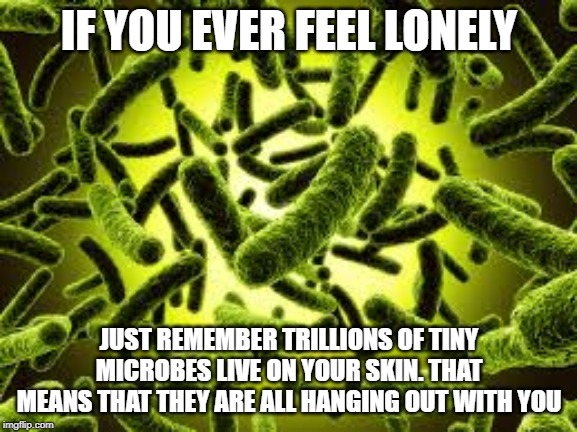 I'm not sure what to type here | IF YOU EVER FEEL LONELY; JUST REMEMBER TRILLIONS OF TINY MICROBES LIVE ON YOUR SKIN. THAT MEANS THAT THEY ARE ALL HANGING OUT WITH YOU | image tagged in microbes,kind,lf you ever feel lonely | made w/ Imgflip meme maker