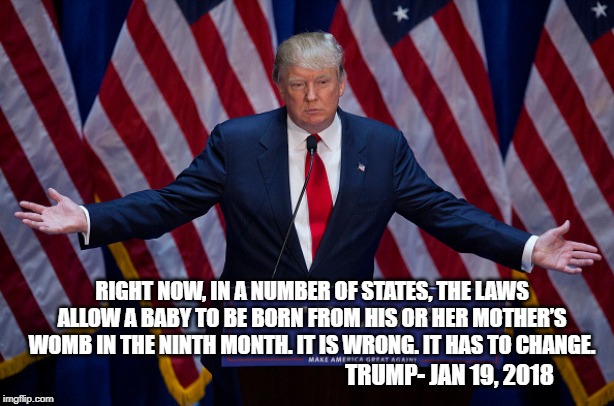 Yep. He said that. | RIGHT NOW, IN A NUMBER OF STATES, THE LAWS ALLOW A BABY TO BE BORN FROM HIS OR HER MOTHER’S WOMB IN THE NINTH MONTH. IT IS WRONG. IT HAS TO CHANGE. TRUMP- JAN 19, 2018 | image tagged in donald trump,donald trump is an idiot,trump is a moron | made w/ Imgflip meme maker