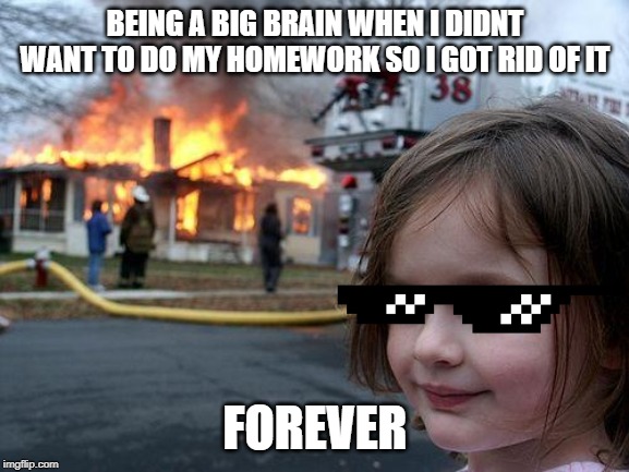 Disaster Girl | BEING A BIG BRAIN WHEN I DIDNT WANT TO DO MY HOMEWORK SO I GOT RID OF IT; FOREVER | image tagged in memes,disaster girl | made w/ Imgflip meme maker