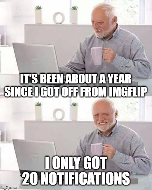 Damn no one cares about me | IT'S BEEN ABOUT A YEAR SINCE I GOT OFF FROM IMGFLIP; I ONLY GOT 20 NOTIFICATIONS | image tagged in memes,hide the pain harold,meanwhile on imgflip,notifications | made w/ Imgflip meme maker