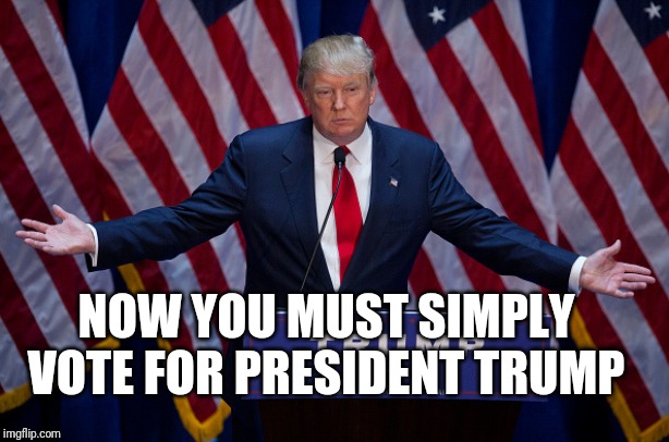 Donald Trump | NOW YOU MUST SIMPLY VOTE FOR PRESIDENT TRUMP | image tagged in donald trump | made w/ Imgflip meme maker