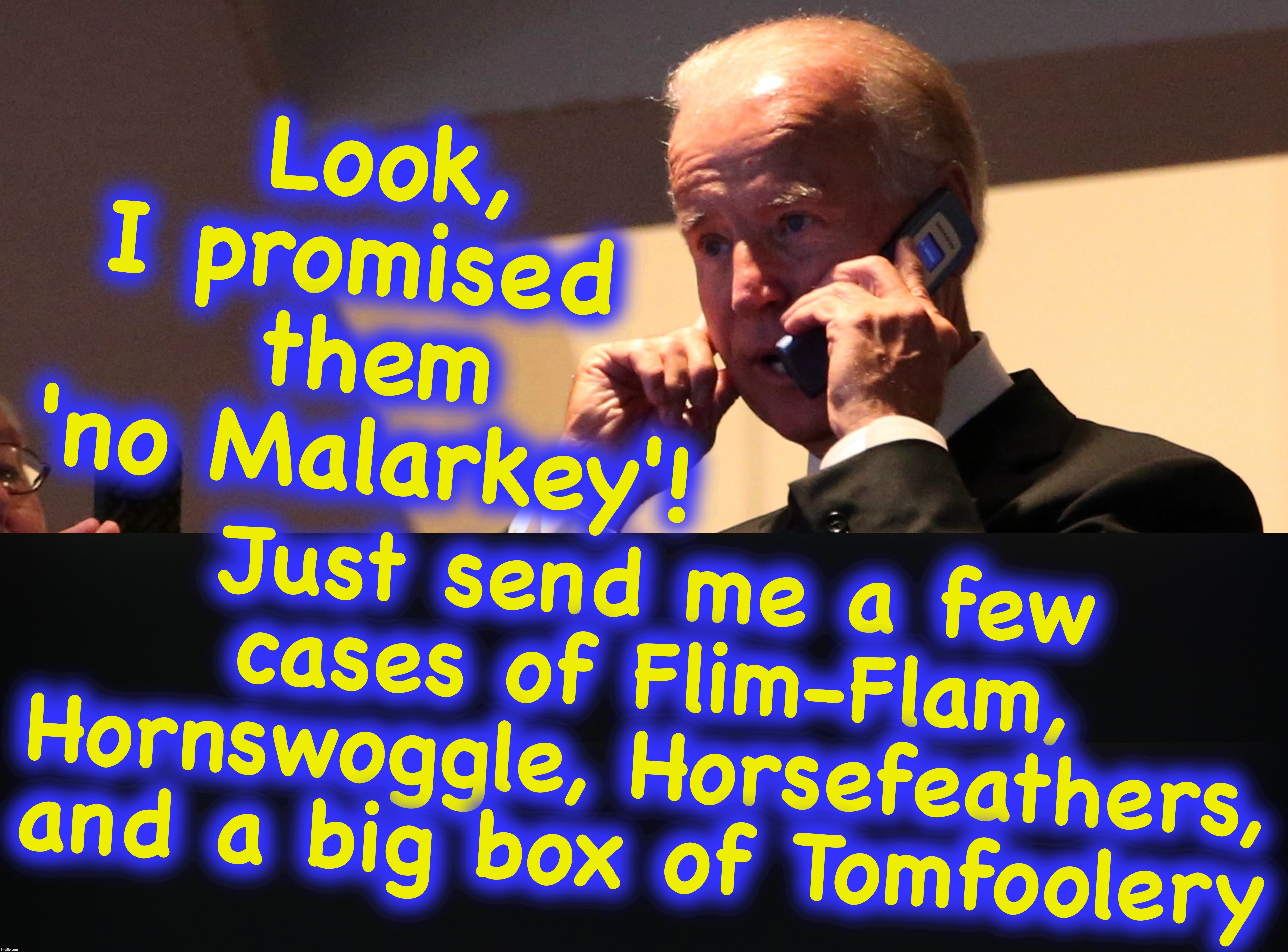 Look, I promised 
them
'no Malarkey'! Just send me a few cases of Flim-Flam, Hornswoggle, Horsefeathers, and a big box of Tomfoolery | image tagged in joe biden | made w/ Imgflip meme maker