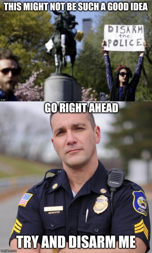 THIS MIGHT NOT BE SUCH A GOOD IDEA; GO RIGHT AHEAD; TRY AND DISARM ME | image tagged in cop | made w/ Imgflip meme maker