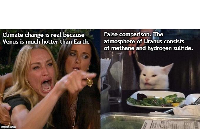 Woman Yelling At Cat | Climate change is real because Venus is much hotter than Earth. False comparison. The atmosphere of Uranus consists of methane and hydrogen sulfide. | image tagged in memes,woman yelling at cat | made w/ Imgflip meme maker