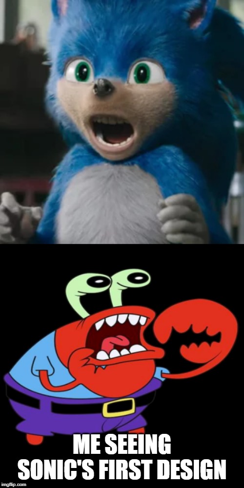 Sonic 1 Reaction | ME SEEING SONIC'S FIRST DESIGN | image tagged in sonic the hedgehog,mr krabs | made w/ Imgflip meme maker