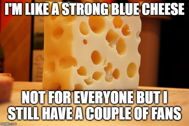 Swiss Cheese | I'M LIKE A STRONG BLUE CHEESE; NOT FOR EVERYONE BUT I STILL HAVE A COUPLE OF FANS | image tagged in swiss cheese | made w/ Imgflip meme maker