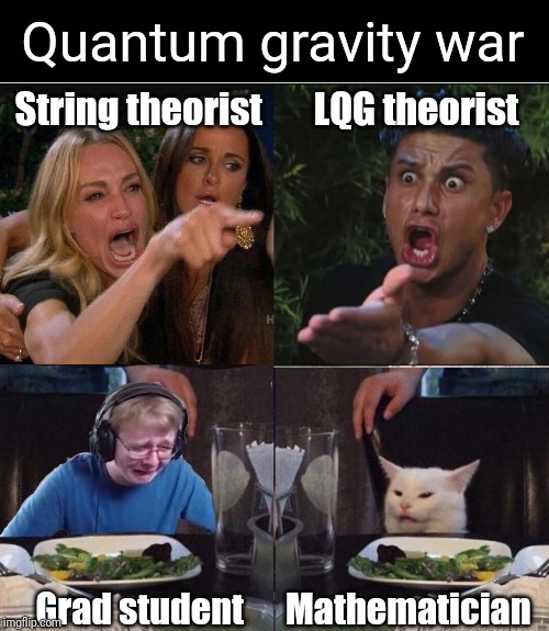 Table cat | Quantum gravity war; String theorist       LQG theorist; Grad student      Mathematician | image tagged in table cat | made w/ Imgflip meme maker