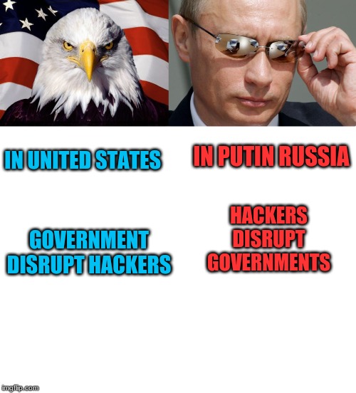 IN UNITED STATES; IN PUTIN RUSSIA; GOVERNMENT DISRUPT HACKERS; HACKERS DISRUPT GOVERNMENTS | image tagged in memes,patriotic eagle,blank white template,in soviet russia | made w/ Imgflip meme maker