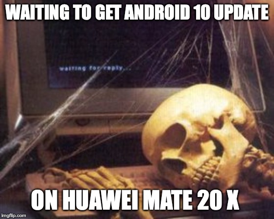 skeleton computer | WAITING TO GET ANDROID 10 UPDATE; ON HUAWEI MATE 20 X | image tagged in skeleton computer | made w/ Imgflip meme maker